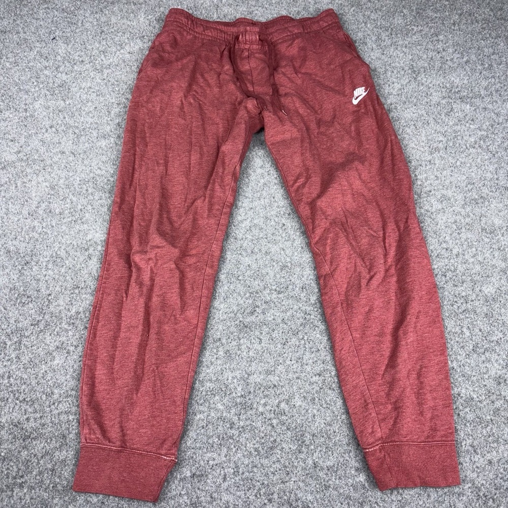 Nike Joggers Sweatpants Mens Medium Heather Red Fleece Lined Logo Tapered Ankle